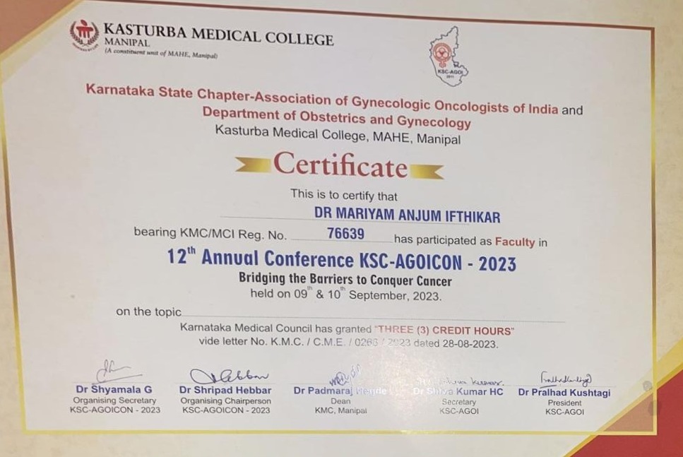 Dr. Mariam Anjum — KSC-AGOICON 2023 — Faculty Certificate